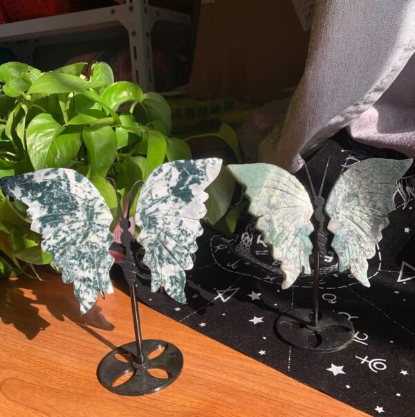 Crystal Butterfly Wing With Base Moss Agate Wing With Metal Stand Wholesale