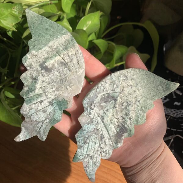 Crystal Butterfly Wing With Base Moss Agate Wing With Metal Stand Wholesale