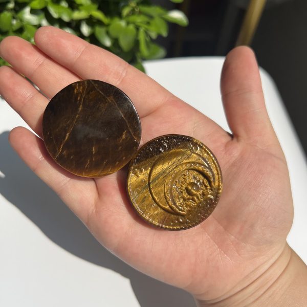 Crystal Moon Sun Carving Tiger Eye Stone Round Slab