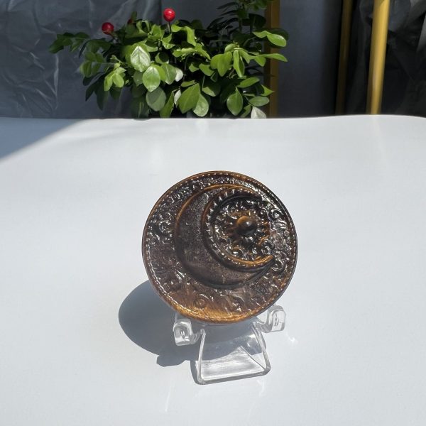 Crystal Moon Sun Carving Tiger Eye Stone Round Slab