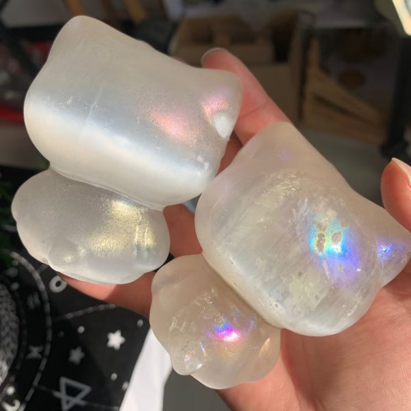 Angel Aura Selenite Hello Kitty 80mm Titanium Aura Coated Selenite Cat Free Shipping