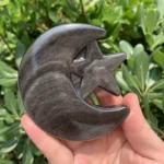 Sheen Obsidian Moon with Star Carving Silver & Golden Sheen Obsidian for Witchcraft Altar Decor