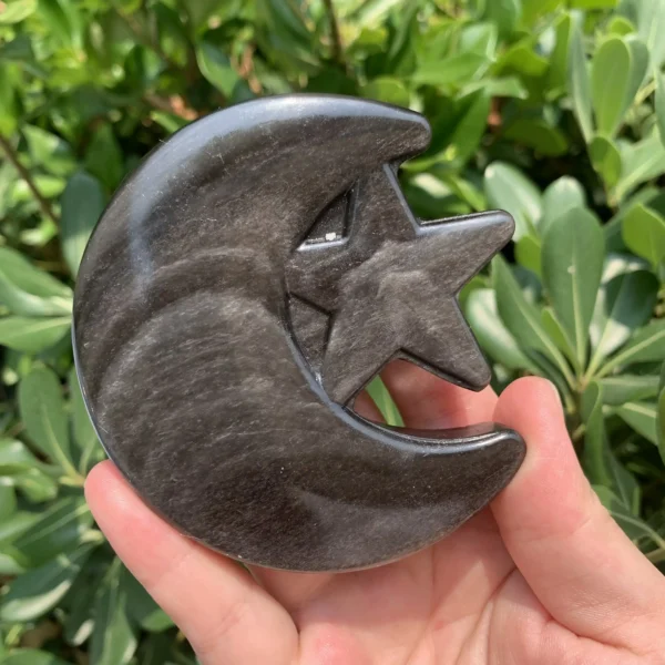 Sheen Obsidian Moon with Star Carving Silver & Golden Sheen Obsidian for Witchcraft Altar Decor