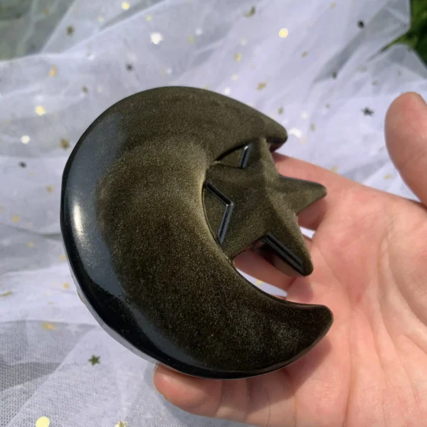 Sheen Obsidian Moon with Star Carving Silver & Golden Sheen Obsidian for Witchcraft Altar Decor