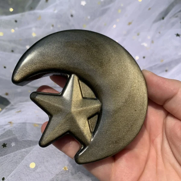 Sheen Obsidian Moon with Star Carving Silver & Golden Sheen Obsidian for Witchcraft Altar Decor
