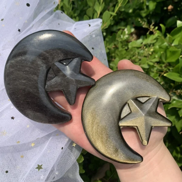 Sheen Obsidian Moon with Star Carving Silver & Golden Sheen Obsidian for Witchcraft Altar Decor