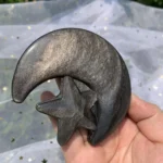 Sheen Obsidian Moon with Star Carving Silver & Golden Sheen Obsidian for Witchcraft Altar Decor