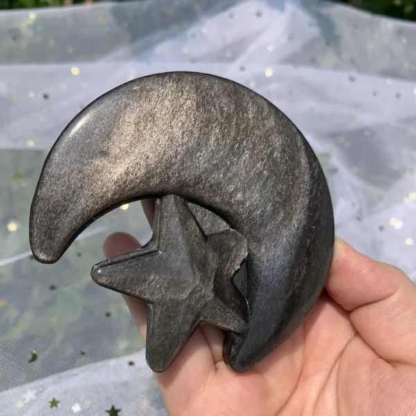 Sheen Obsidian Moon with Star Carving Silver & Golden Sheen Obsidian for Witchcraft Altar Decor