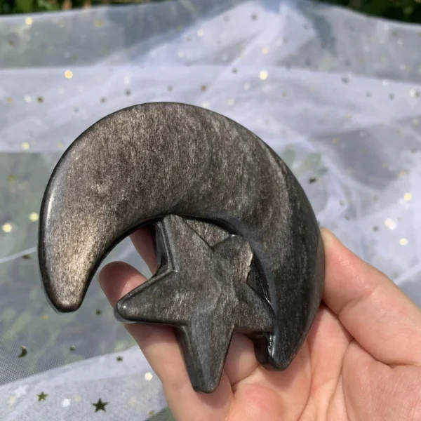 Sheen Obsidian Moon with Star Carving Silver & Golden Sheen Obsidian for Witchcraft Altar Decor