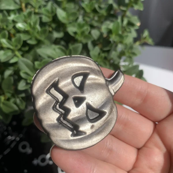 Crystal Pumpkin Slice 2 Inch Silver & Golden Sheen Obsidian Carving for Halloween Altar & Witchcraft