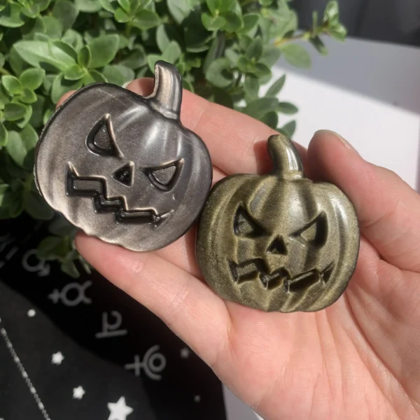 Crystal Pumpkin Slice 2 Inch Silver & Golden Sheen Obsidian Carving for Halloween Altar & Witchcraft