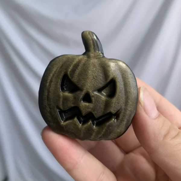 Crystal Pumpkin Slice 2 Inch Silver & Golden Sheen Obsidian Carving for Halloween Altar & Witchcraft
