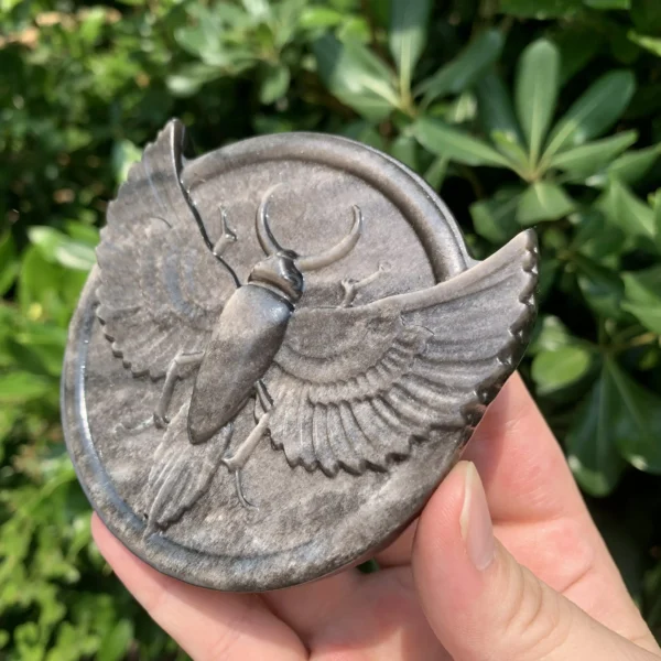 Silver Sheen Obsidian Scarab Carving – Ancient Egyptian Crystal Beetle for Protection & Wealth