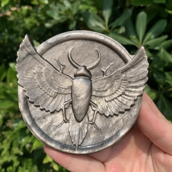 Silver Sheen Obsidian Scarab Carving – Ancient Egyptian Crystal Beetle for Protection & Wealth