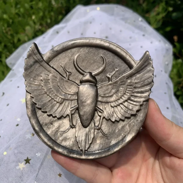 Silver Sheen Obsidian Scarab Carving – Ancient Egyptian Crystal Beetle for Protection & Wealth