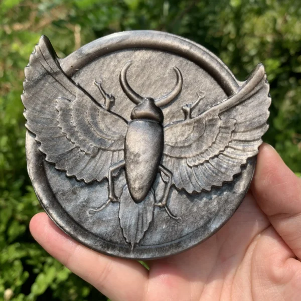 Silver Sheen Obsidian Scarab Carving – Ancient Egyptian Crystal Beetle for Protection & Wealth