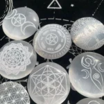 Engraved Selenite Palm Stone 74mm Selenite Round Palm Stone With Pattern Crystal