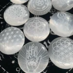 Engraved Selenite Palm Stone 74mm Selenite Round Palm Stone With Pattern Crystal