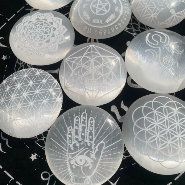 Engraved Selenite Palm Stone 74mm Selenite Round Palm Stone With Pattern Crystal