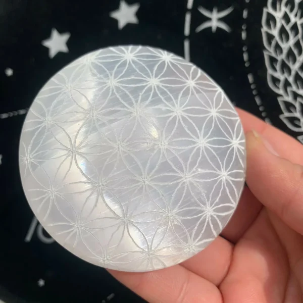 Engraved Selenite Palm Stone 74mm Selenite Round Palm Stone With Pattern Crystal