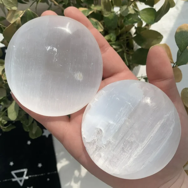 Engraved Selenite Palm Stone 74mm Selenite Round Palm Stone With Pattern Crystal