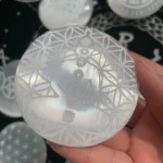 Engraved Selenite Palm Stone 74mm Selenite Round Palm Stone With Pattern Crystal