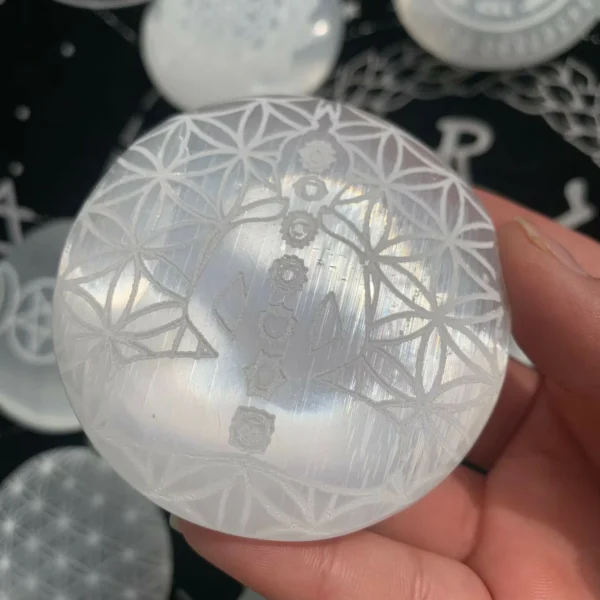 Engraved Selenite Palm Stone 74mm Selenite Round Palm Stone With Pattern Crystal
