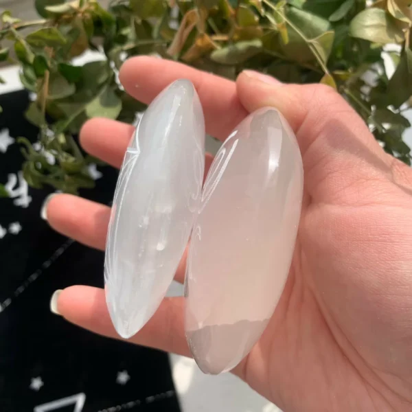Engraved Selenite Palm Stone 74mm Selenite Round Palm Stone With Pattern Crystal