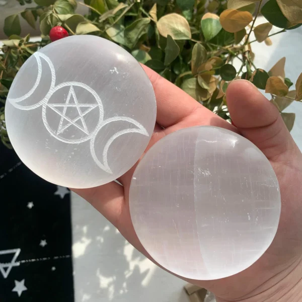Engraved Selenite Palm Stone 74mm Selenite Round Palm Stone With Pattern Crystal