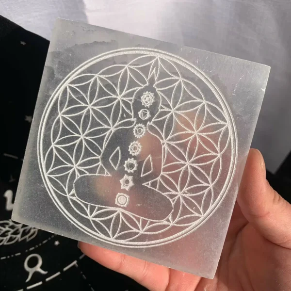 Engraved Selenite Plate 4inch Selenite Charging Plate Crystal Plate With Pattern