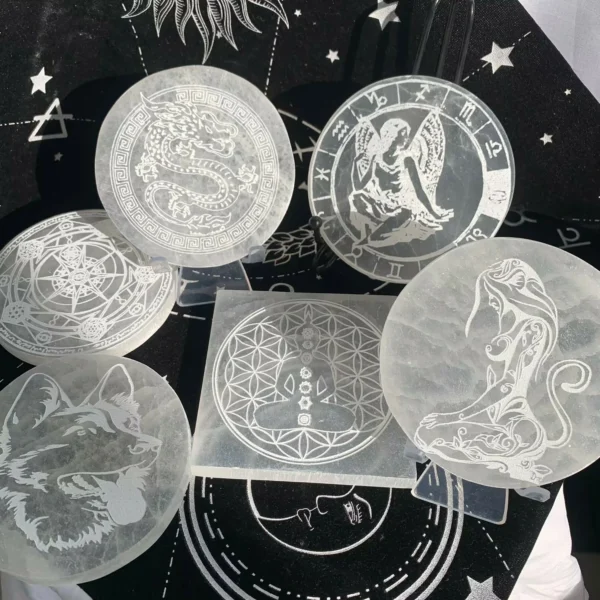 Engraved Selenite Plate 4inch Selenite Charging Plate Crystal Plate With Pattern