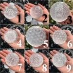 Engraved Selenite Palm Stone 74mm Selenite Round Palm Stone With Pattern Crystal