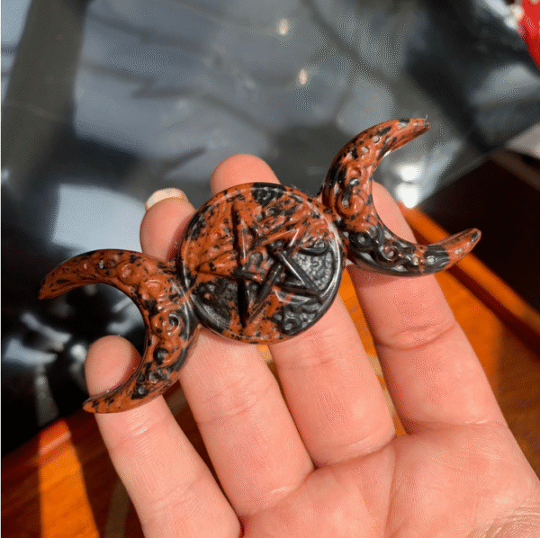 Natural Obsidian Triple Moon Goddess Pentacle Pendant 3.2inch Crystal Star Free Shipping