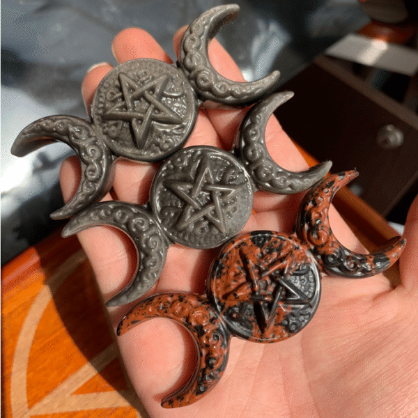 Natural Obsidian Triple Moon Goddess Pentacle Pendant 3.2inch Crystal Star Free Shipping