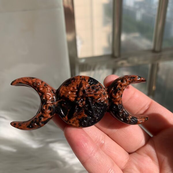 Natural Obsidian Triple Moon Goddess Pentacle Pendant 3.2inch Crystal Star Free Shipping