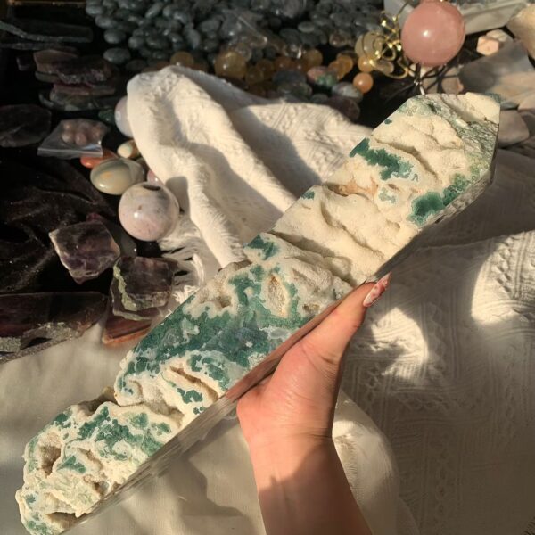 Large Moss Agate Tower Natural Garden Crystal for Growth Abundance Connection to Earth Free Shipping 380mm