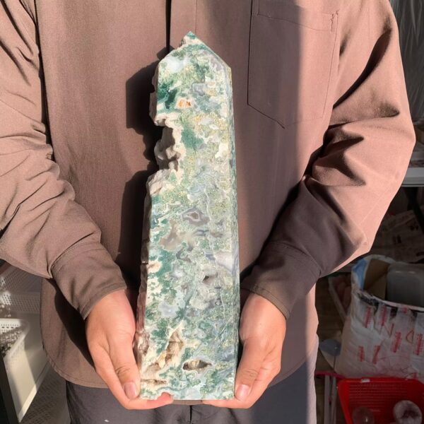Large Moss Agate Tower Natural Garden Crystal for Growth Abundance Connection to Earth Free Shipping 380mm