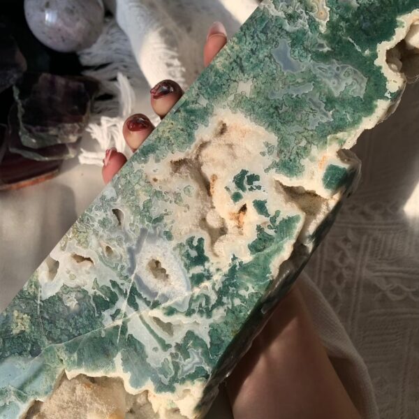 Large Moss Agate Tower Natural Garden Crystal for Growth Abundance Connection to Earth Free Shipping 380mm