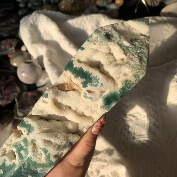 Large Moss Agate Tower Natural Garden Crystal for Growth Abundance Connection to Earth Free Shipping 380mm