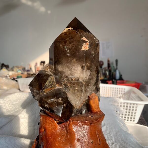 Natural Smoky Quartz Cluster On Wooden Base Large Grounding & Cleansing Crystal for Home & Meditation