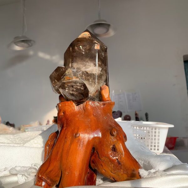 Natural Smoky Quartz Cluster On Wooden Base Large Grounding & Cleansing Crystal for Home & Meditation